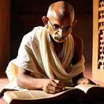 **Image Prompt:** Young Gandhi (Mohandas Karamchand Gandhi) in traditional Indian clothing, studying religious texts (Bhagavad Gita, Tolstoy), thoughtful expression, warm lighting, Porbandar Gujarat in the background.