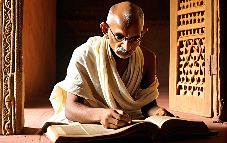 **Image Prompt:** Young Gandhi (Mohandas Karamchand Gandhi) in traditional Indian clothing, studying religious texts (Bhagavad Gita, Tolstoy), thoughtful expression, warm lighting, Porbandar Gujarat in the background.