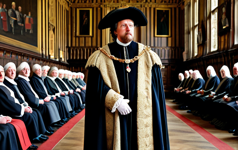 A dignified 17th-century English King, fully clothed in appropriate, modest regal attire, stands attentively before a group of parliamentarians in professional dress within a grand, historic parliamentary chamber. The atmosphere is one of respectful dialogue, reflecting a shift in power dynamics from absolute monarchy to a more accountable system. The setting emphasizes historical authenticity and architectural detail. Safe for work, appropriate content, perfect anatomy, correct proportions, natural pose, well-formed hands, proper finger count, natural body proportions, professional photography, high quality.