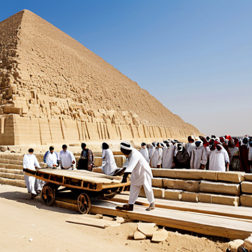 Home 9 A group of ancient Egyptian skilled workers, fully clothed in modest linen tunics and practical attire, diligently moving a colossal stone block using wooden sledges on a prepared ramp leading up to a pyramid under construction. The scene depicts organized teamwork and purposeful activity, with fellow laborers and the vast desert landscape under a clear sky in the background. professional photography, high detail, realistic, perfect anatomy, correct proportions, natural pose, well-formed hands, proper finger count, natural body proportions, safe for work, appropriate content, fully clothed, professional, family-friendly.