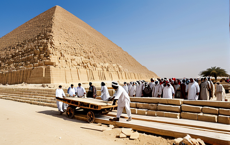 A group of ancient Egyptian skilled workers, fully clothed in modest linen tunics and practical attire, diligently moving a colossal stone block using wooden sledges on a prepared ramp leading up to a pyramid under construction. The scene depicts organized teamwork and purposeful activity, with fellow laborers and the vast desert landscape under a clear sky in the background. professional photography, high detail, realistic, perfect anatomy, correct proportions, natural pose, well-formed hands, proper finger count, natural body proportions, safe for work, appropriate content, fully clothed, professional, family-friendly.