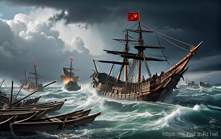 몽골의 일본 원정 실패 원인 - **Kamikaze's Fury: The Wreck of the Mongol Fleet**
    A dramatic, sweeping shot of a tempestuous se...
