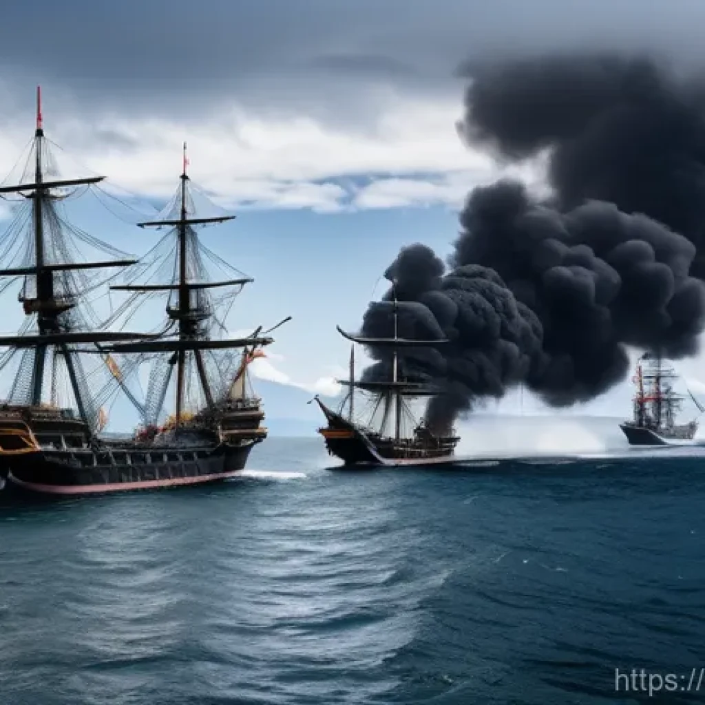 메이지 유신과 일본 근대화 - **Prompt:** A dramatic, wide-angle shot depicting the historic arrival of American Commodore Matthew...