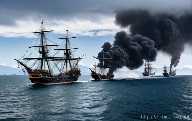 메이지 유신과 일본 근대화 - **Prompt:** A dramatic, wide-angle shot depicting the historic arrival of American Commodore Matthew...
