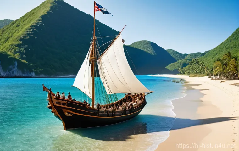 제국주의와 식민지배 - **Prompt 1: The Arrival of a New Era**
"A majestic 16th-century European sailing ship, with full...