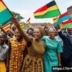 아프리카 탈식민화 운동 - **Prompt:** A vibrant and uplifting scene capturing the "Winds of Change" in Africa during the 1960s...