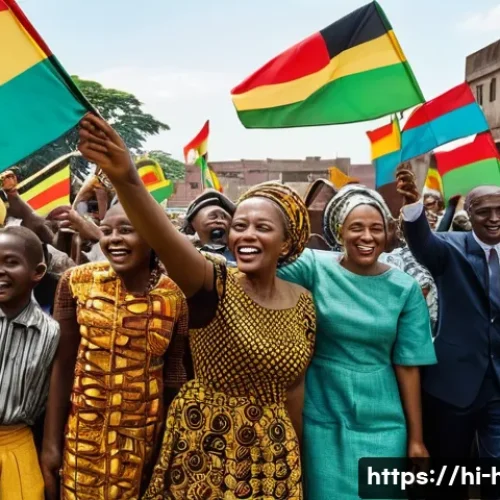 아프리카 탈식민화 운동 - **Prompt:** A vibrant and uplifting scene capturing the "Winds of Change" in Africa during the 1960s...