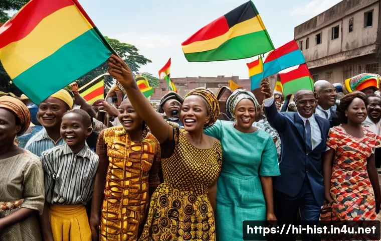 아프리카 탈식민화 운동 - **Prompt:** A vibrant and uplifting scene capturing the "Winds of Change" in Africa during the 1960s...