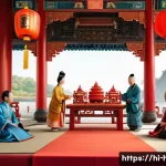 Home 21 고대 동아시아 국제 관계 - An ancient East Asian royal court scene depicting a diplomatic marriage alliance between two promine...