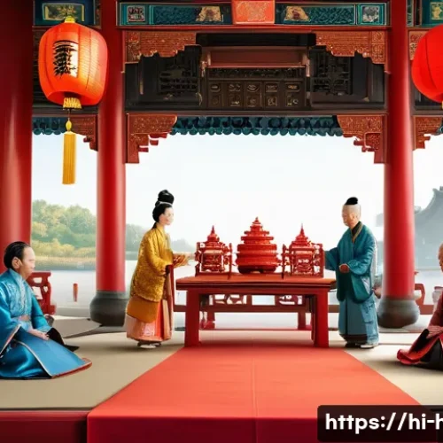 Home 33 고대 동아시아 국제 관계 - An ancient East Asian royal court scene depicting a diplomatic marriage alliance between two promine...