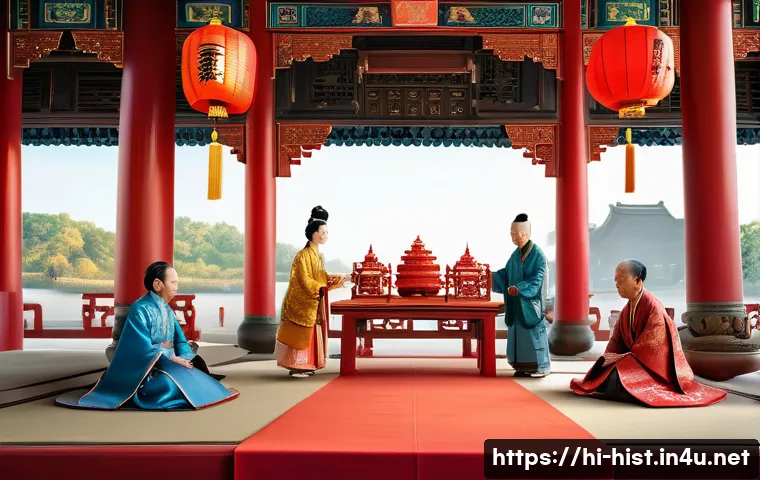 고대 동아시아 국제 관계 - An ancient East Asian royal court scene depicting a diplomatic marriage alliance between two promine...