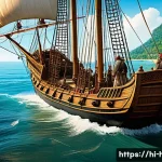 Home 20 콜럼버스의 신대륙 발견과 원주민 영향 - A detailed historical scene of Christopher Columbus's 1492 voyage arriving at the shores of the New ...