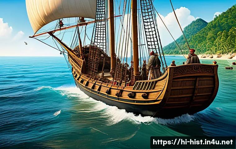 콜럼버스의 신대륙 발견과 원주민 영향 - A detailed historical scene of Christopher Columbus's 1492 voyage arriving at the shores of the New ...