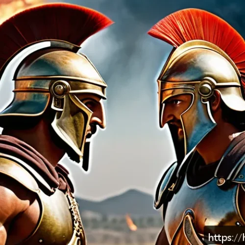 Home 30 트로이 전쟁과 호메로스의 일리아스 - A dramatic and detailed scene of Achilles and Hector facing each other on the battlefield, both full...