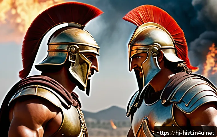 트로이 전쟁과 호메로스의 일리아스 - A dramatic and detailed scene of Achilles and Hector facing each other on the battlefield, both full...