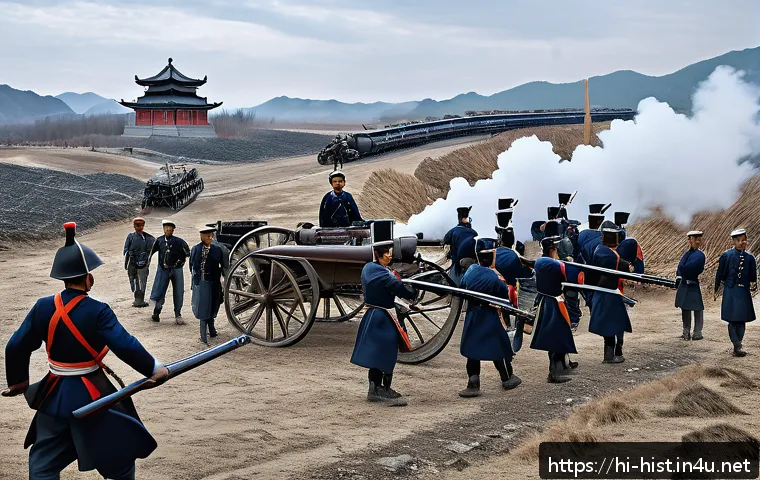 청일전쟁과 러일전쟁 비교 - A detailed historical scene depicting the China-Japan War of 1894-1895, showcasing Japanese soldiers...